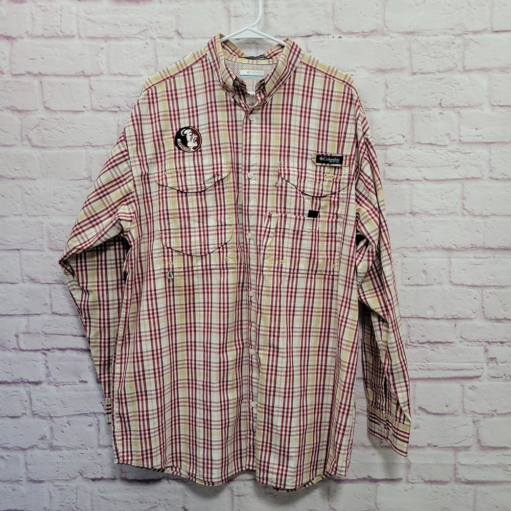 Columbia PFG Super Bonehead Shirt Mens L FSU Seminoles Plaid Fishing Gorpcore